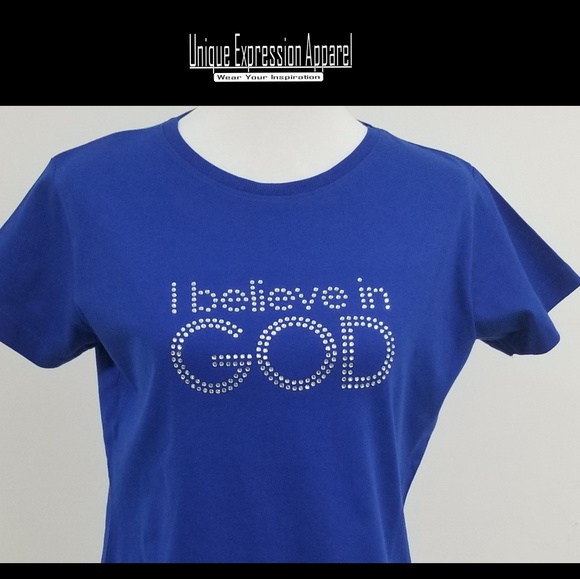 Unique Expression Apparel Tops - "I believe in God" dressy blue graphic tee